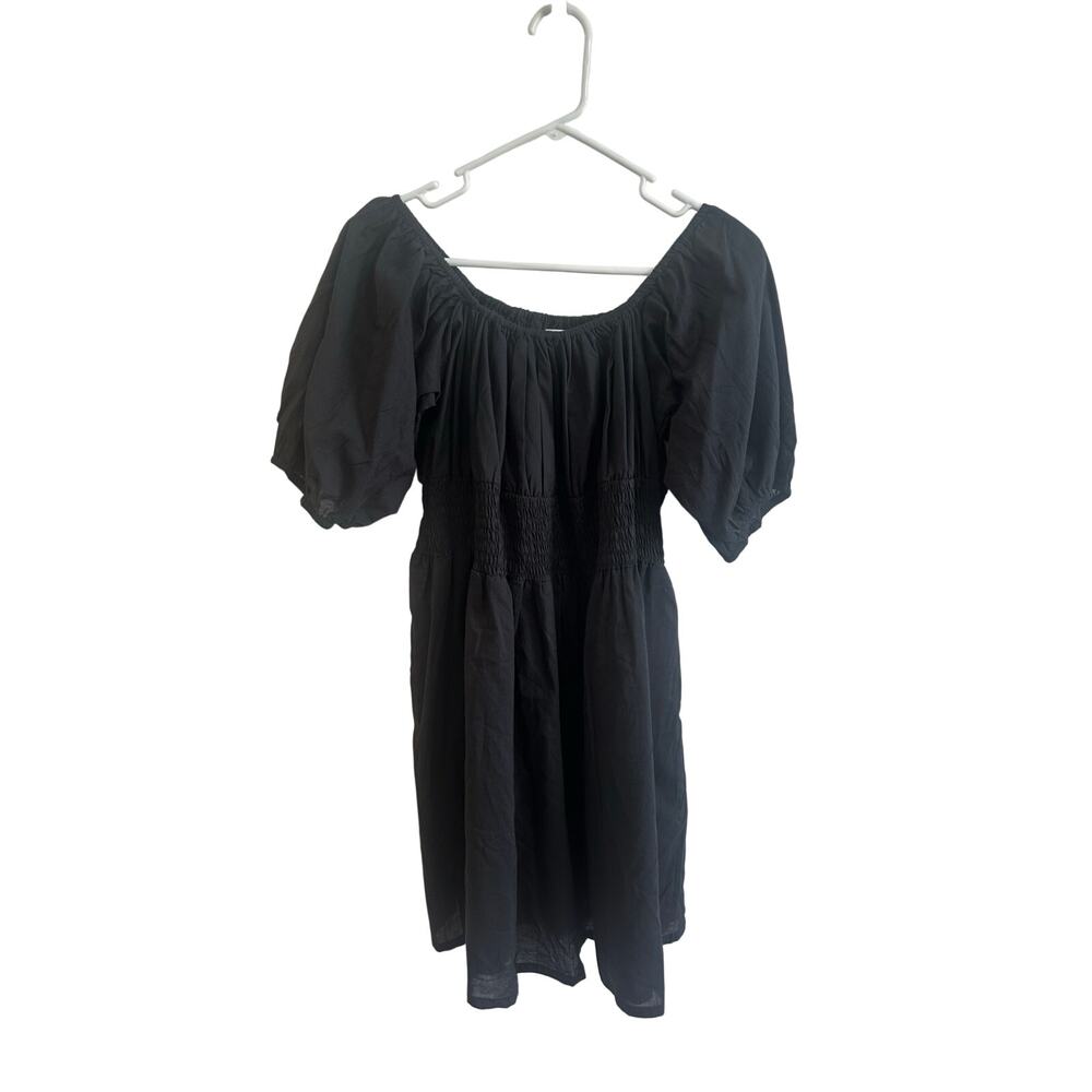 Mod's Mahal NWOT Black 100% Cotton Puff Sleeve Mini Dress Black Smocked Sz L